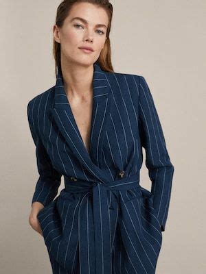 NAVY PINSTRIPE SLIM FIT LINEN COTTON BLAZER WITH BELT Women Massimo