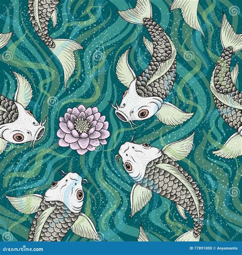 Seamless Japan Pattern With Koi Fish Carp Background Stock Vector