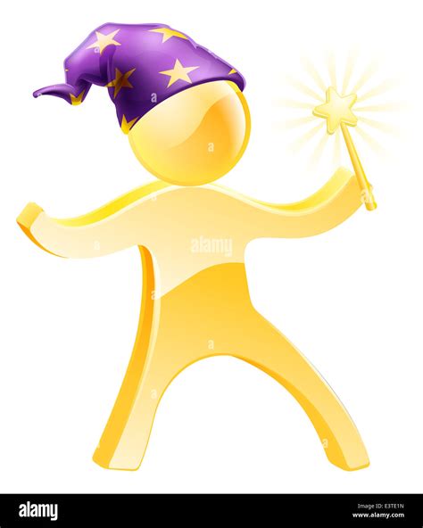 Cartoon Wizard Holding A Wand And Wearing A Purple Hat With Stars Stock