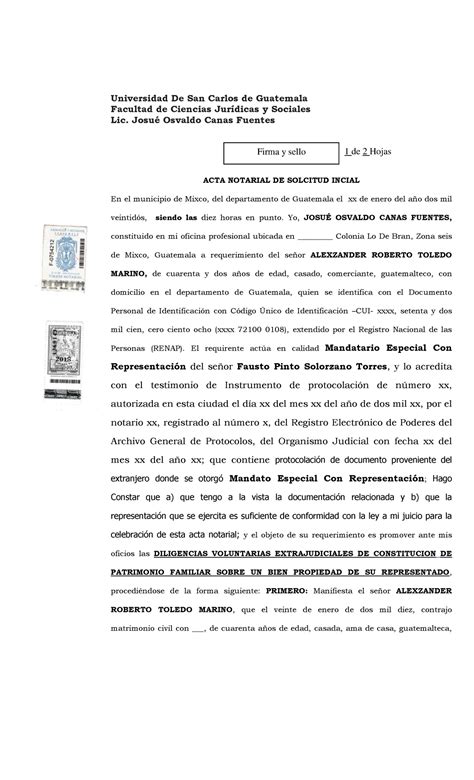 Acta Notarial De Constituci N De Patrimonio Familiar Facultad De