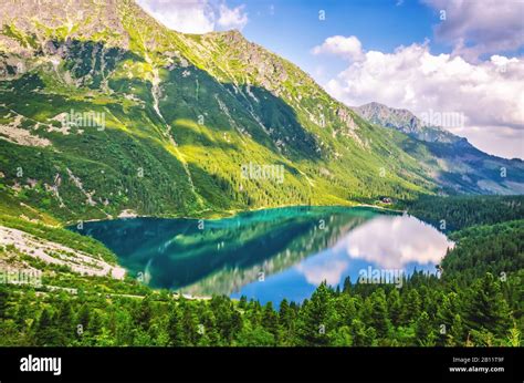 Morskie Oko lake (Eye of the Sea) at Tatra mountains in Poland. Famous Polish resort at Tatra ...