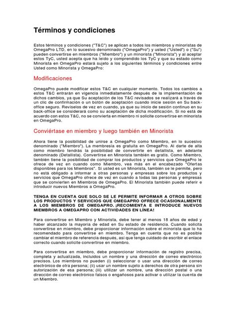 Términos Y Condiciones Contrato Omega Pro Pdf Red Mundial