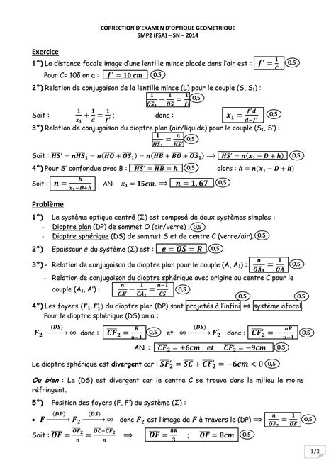 SOLUTION Correction D Examen D Optique G Om Trique Session Normale