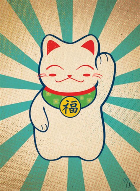 Lucky Cat Art Print Japanese Chinese Good Luck Maneki Neko Kawaii 8x10 ...