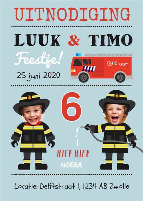 Uitnodiging Kinderfeestje Tweeling Brandweer Kaartje Go