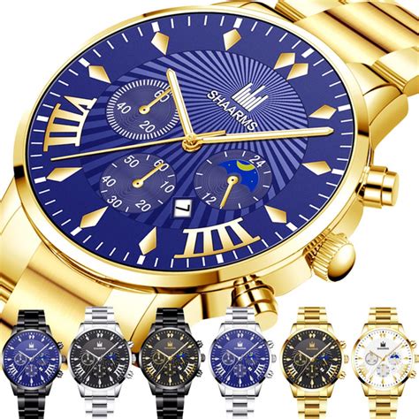SHAARMS Watches Men Stainless Steel Sport Analog Quartz Watch Men ...