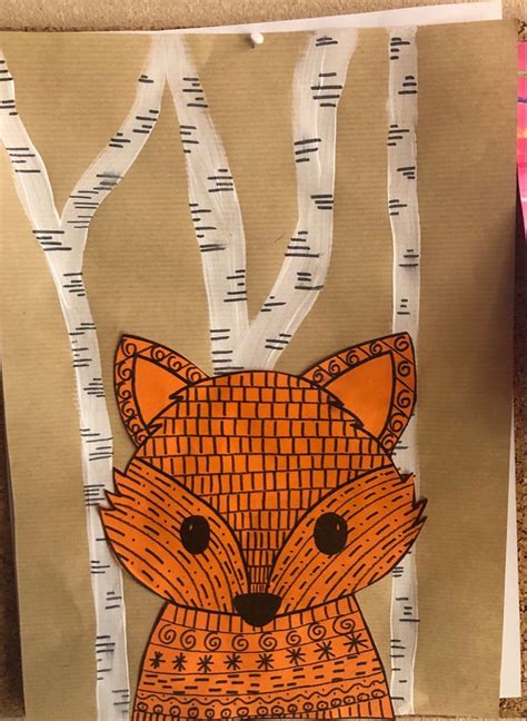 An Art Project Made Out Of Paper With A Fox And Birch Trees In The