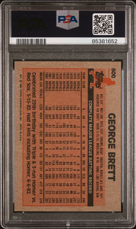 1983 Topps George Brett Kansas City Royals 600 PSA Mint 9 EBay