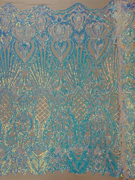 Aqua Iridescent Sequin Fabric Nude Mesh Selena Damask Design Etsy