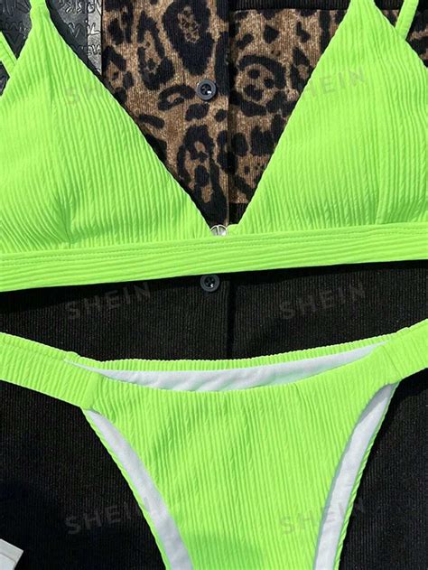 SHEIN Swim Basics Neon Lime Triangle Thong Bikini Swimsuit SHEIN USA