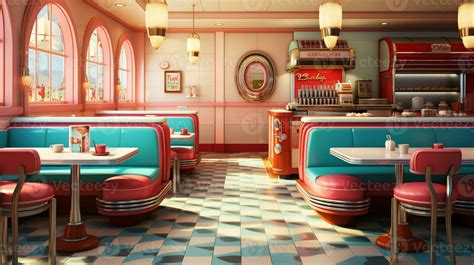 Retro vintage diner restaurant, interior design, stylish old fashioned design concept, AI ...