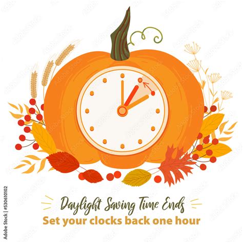 Daylight saving time ends. Fall back time banner. Clock change. Pumpkin ...