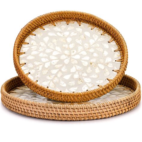 Buy Frcctre Pack Round Rattan Serving Tray With Mother Of Pearl Inlay