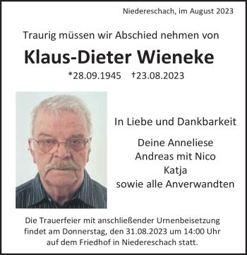 Traueranzeigen von Klaus Dieter Wieneke Schwarzwälder Bote Trauer