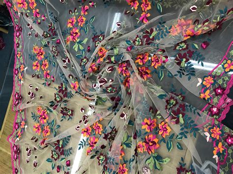 Italian designer fabric Floral embroidery on tulle fabric. Price for