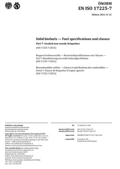 ONORM EN ISO 17225 7 2021 Solid Biofuels Fuel Specifications And