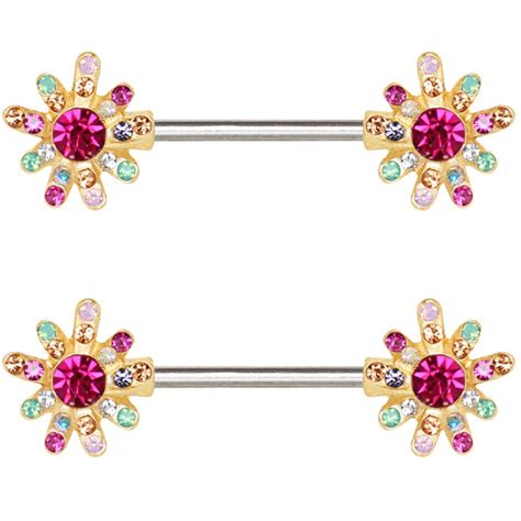 pair rainbow jeweled flower steel nipple rings bodydazzcom