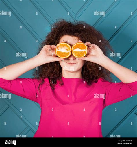 Funny Brunette Girl Portrait Blue Background Stock Photo Alamy