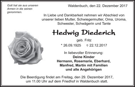 Traueranzeigen von Hedwig Diederich Kreiszeitung Böblinger Bote