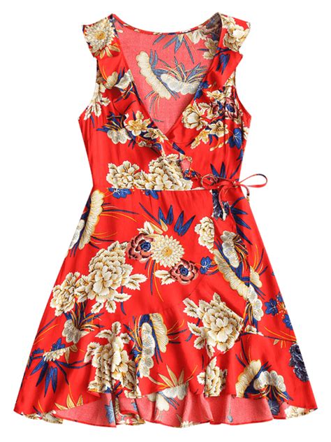 Floral Ruffle Asymmetrical Mini Dress Red M Floral Ruffle Dress Sequin Mini Dress Red Mini