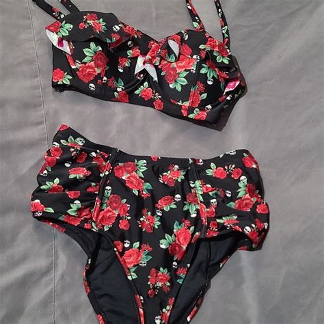 Black And Red Skull And Roses Bikini Set With Depop