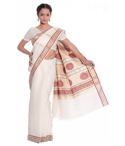 Fashion Kiosks Kerala Kasavu White Cotton Saree With Matching Blouse