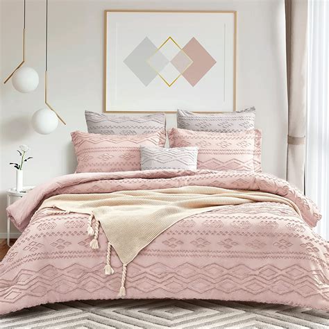 Tillyou Boho Comforter Set Queen Light Pink Embroidery Shabby Chic