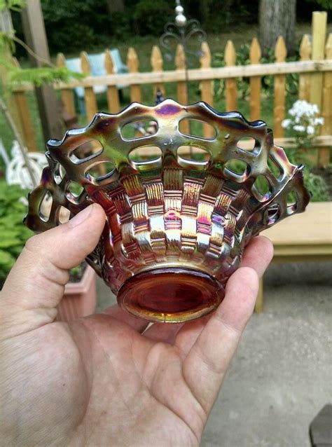 Ruby Red Amberina Fenton Carnival Glass Iridescent Open Edge Basket Weave Bowl Carnival Glass