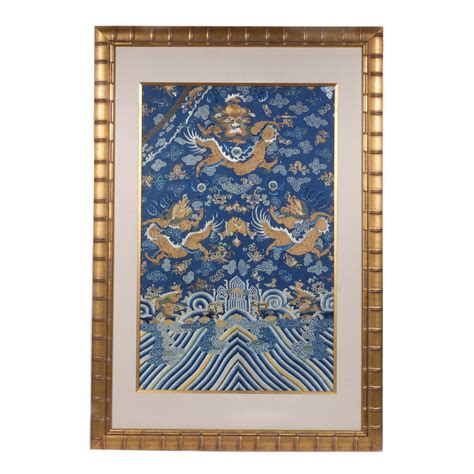 Lot Antique Chinese Qing Dynasty Framed Blue Silk Brocade Dragon Robe