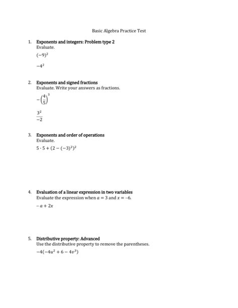 Basic Algebra Practice Test 1 Exponents And Integers Problem