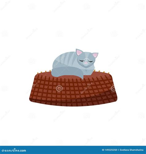 Illustration Of Kitten Sleeping On Basket Gray Cat In A Cozy Basket