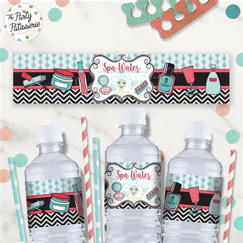 Spa Birthday Party Water Bottle Labels Coral Turquoise Instant Download Digital File