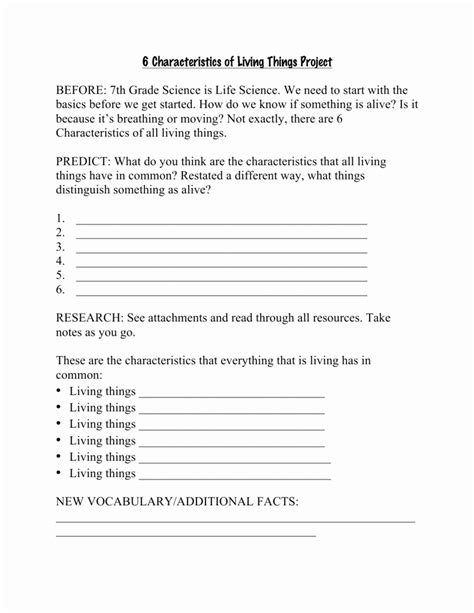 50 Characteristics Of Life Worksheet