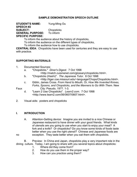 SAMPLE DEMONSTRATION SPEECH OUTLINE STUDENT'S