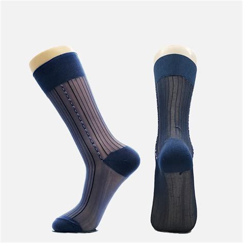 6 Pairs Mid Calf Silk Socks For Men Thin Nylon Sheer Sock Large Vertical Striped Business