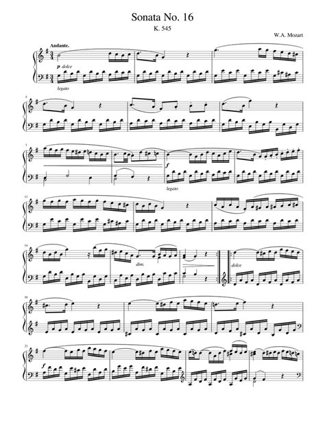 Mozart Piano Sonata No 16 In C Major K 545 Ii Andante Sheet