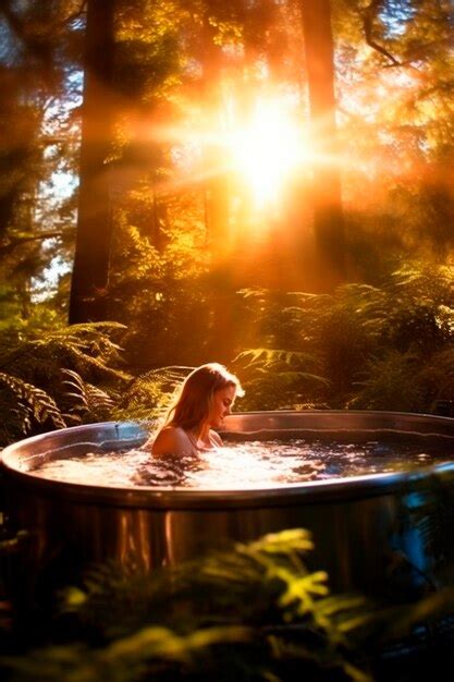 Premium Photo A Woman Bathes In A Hot Tub In The Forest Selective Focus