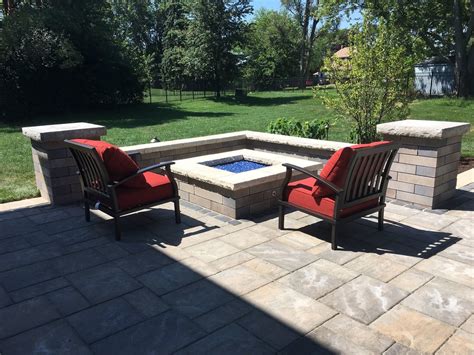 Unilock Beacon Hill Paver Patio Gas Fire Pit Using Blue Fire Glass