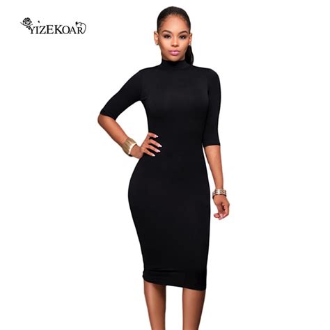 2018 Autumn Sexy Womens Bodycon Dresses Black Bodycon Mock Neck O Ring Cut Out Half Sleeve Midi