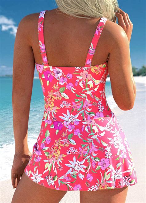 Floral Print Bowknot Coral One Piece Swimdress Rosewe Usd