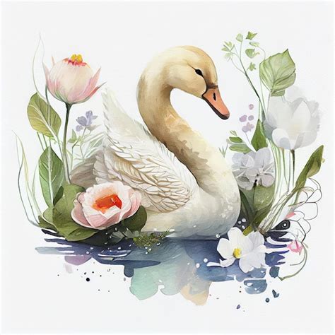 Premium Photo A Watercolor Painting Of A Swan And Flowers