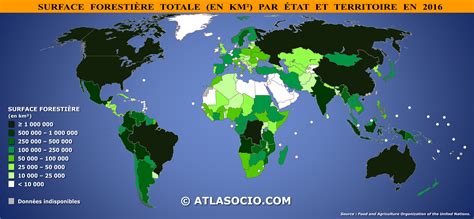 Carte du monde surface forestière par État km² Atlasocio