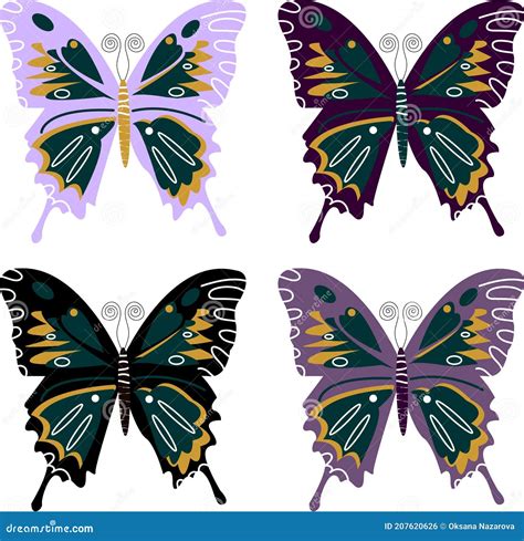 Set Of Fluttering Multicolored Butterflies On A White Background