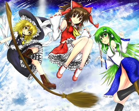 Blonde Hair Bloomers Brown Hair Green Eyes Green Hair Hakurei Reimu Hat Japanese Clothes