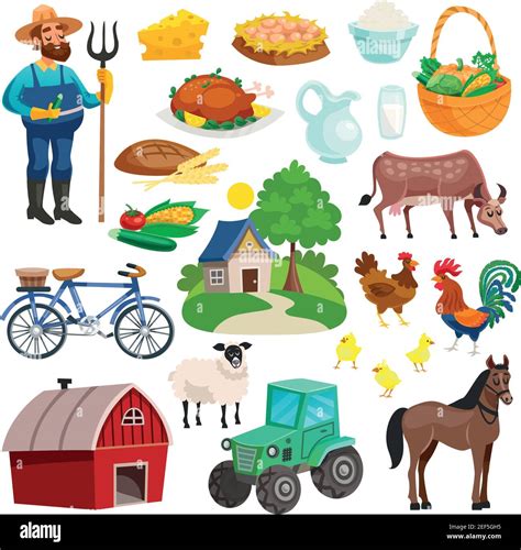 Collection of rural decorative cartoon icons with farmer with pitchfork ...