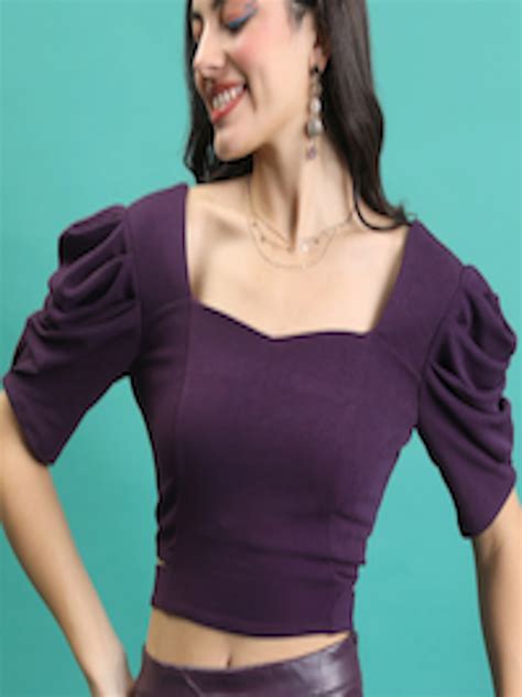 Buy Tokyo Talkies Purple Sweetheart Neck Puffed Sleeves Cut Out Crop Top Tops For Women