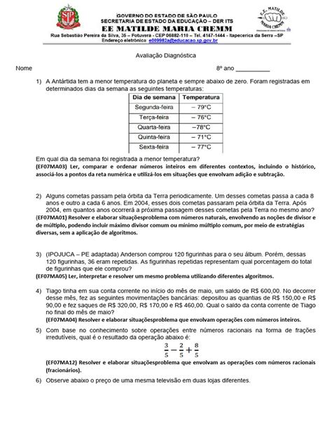 Avaliação Diagnóstica 8º Ano Matemática | PDF | Jogos e Atividades