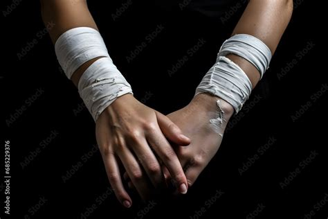 Injured person with bandages wrapped around their body holding hands together in pain and ...