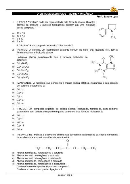 2ª LISTA DE EXERCÍCIOS QUIMICA ORGÂNICA Profº Sandro