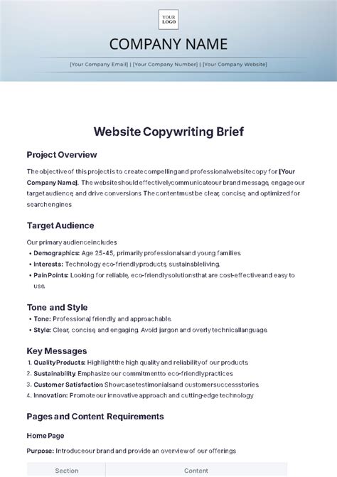 Website Copywriting Brief Template Edit Online And Download Example